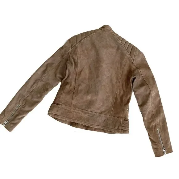 All Saints Biker Goat Leather Jacket Brown 4 Small Moto Motorcycle Distressed